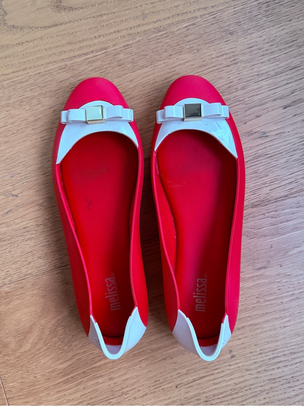 Melissa Red and White Bow-Trim Ballet Flats
